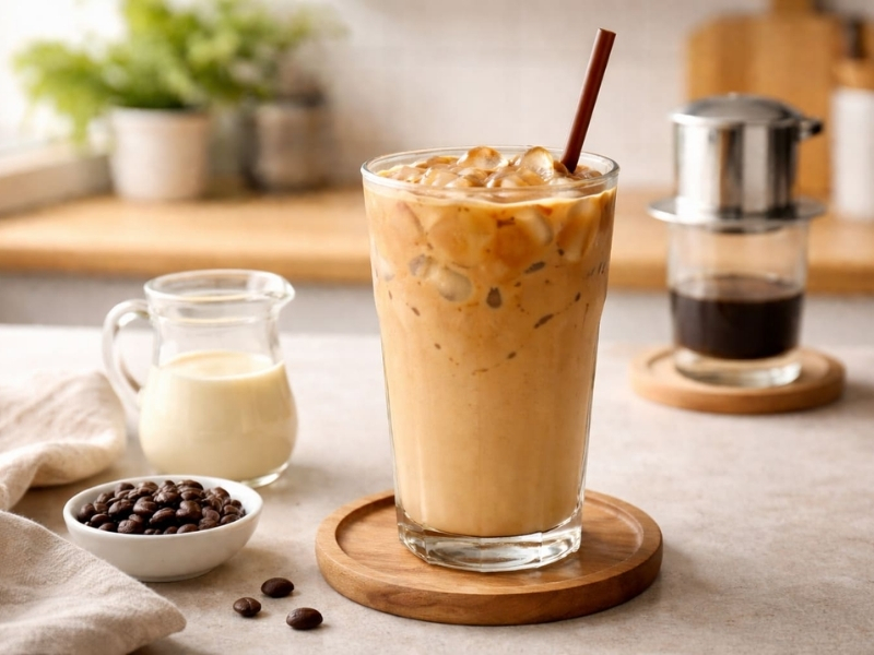 Bước 3: Thêm đá và thưởng thức Cho đá viên sạch vào ly và khuấy nhẹ trước khi uống. Thành phẩm là ly cà phê sữa đá ngon với hương thơm tự nhiên, vị đậm cân bằng và cảm giác mát lạnh sảng khoái.